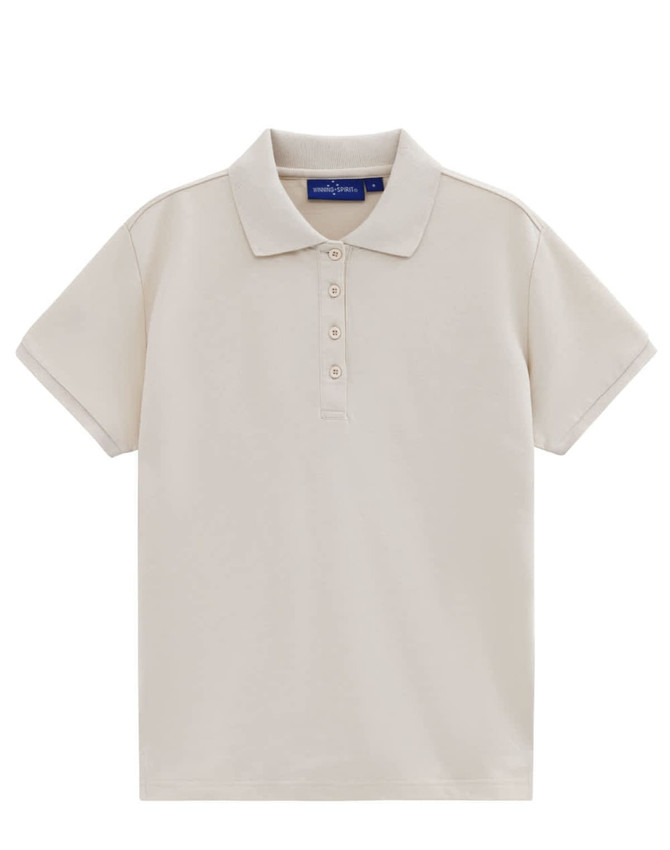 A classic short-sleeve polo in a beige hue, featuring a collar and button placket. Includes a logo.