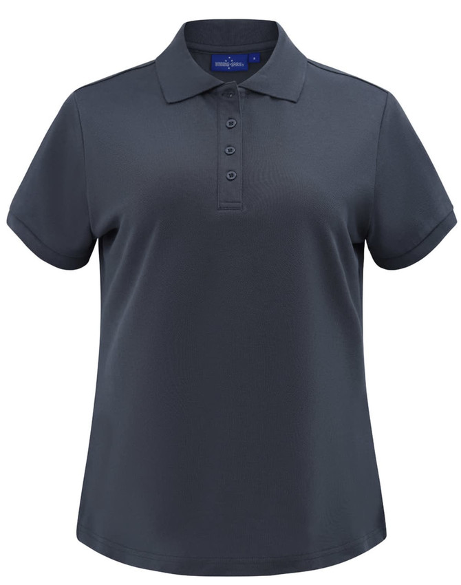 A dark grey ladies' short sleeve polo shirt with a collar and buttons, featuring a branded label inside.