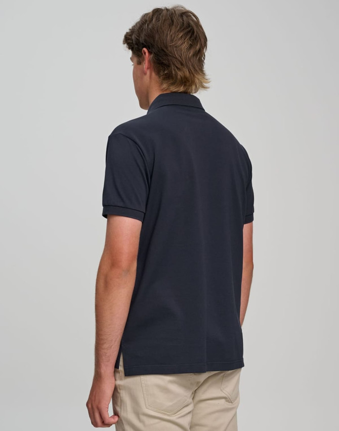 A dark navy men's polo shirt with a classic collar and short sleeves, featuring a logo on the back.