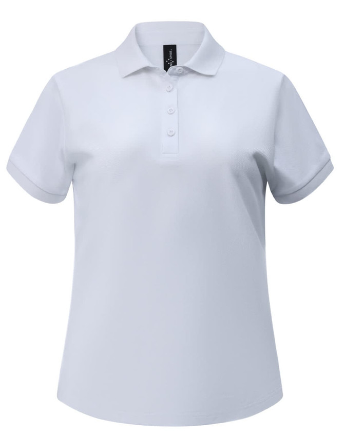 A white ladies polo shirt made from ultrafine cotton pique fabric, featuring a polo collar and button placket.