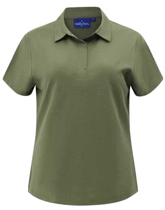 A ladies' high performance polo in olive green with a collar and short sleeves, featuring a logo on the upper side.