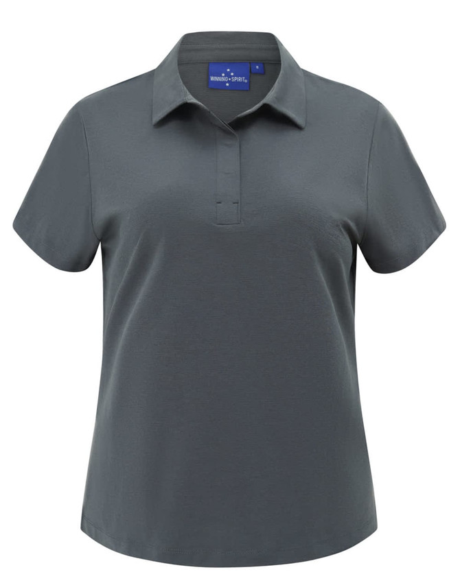 A ladies' short-sleeved polo in dark grey, featuring a collared neckline and a logo on the label.