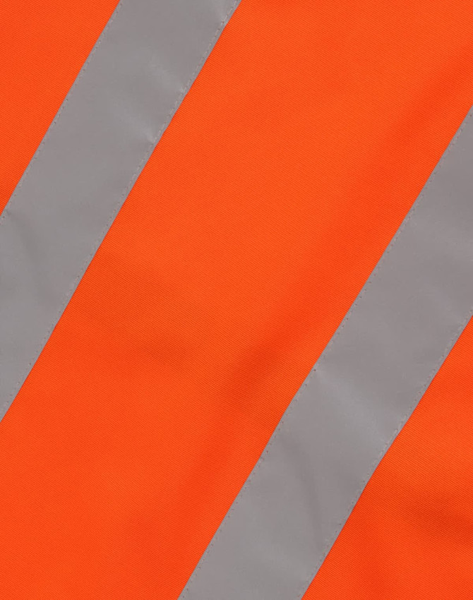 An orange safety vest featuring reflective grey stripes, with an attached logo.