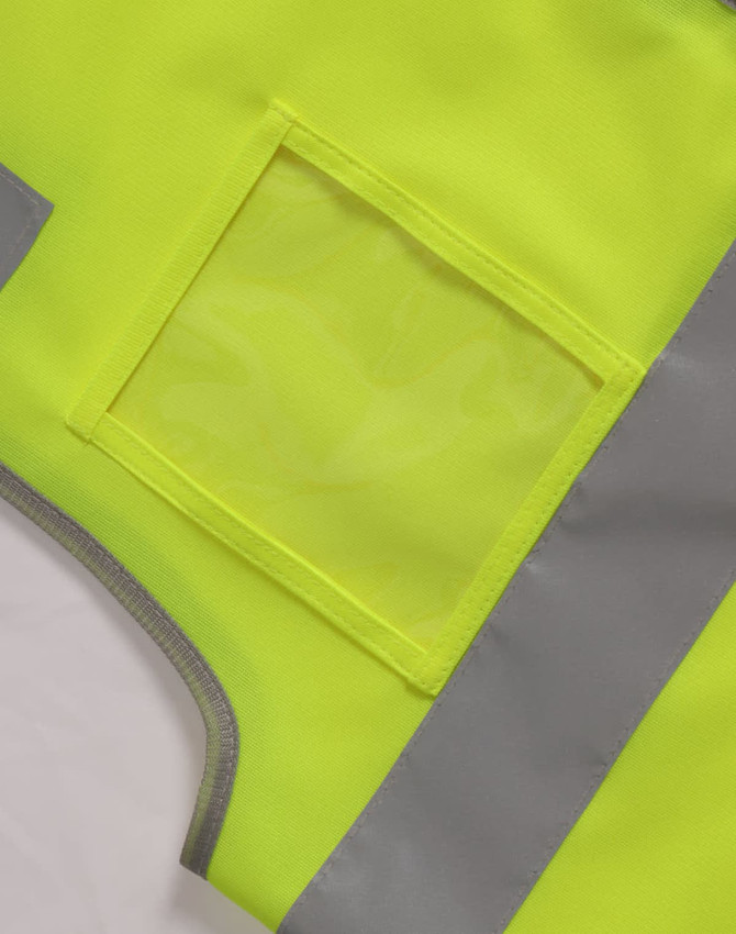 A bright yellow safety vest featuring utility pockets and reflective grey strips. It has a clear ID pocket.