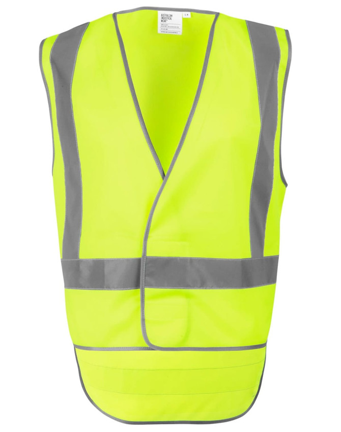 A high-visibility yellow safety vest with reflective grey stripes and a tail design. Features an unbranded logo.