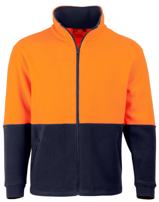 A Hi-Vis polar fleece full zip jacket in orange and navy, featuring a zip front and pockets. It has a logo on it.