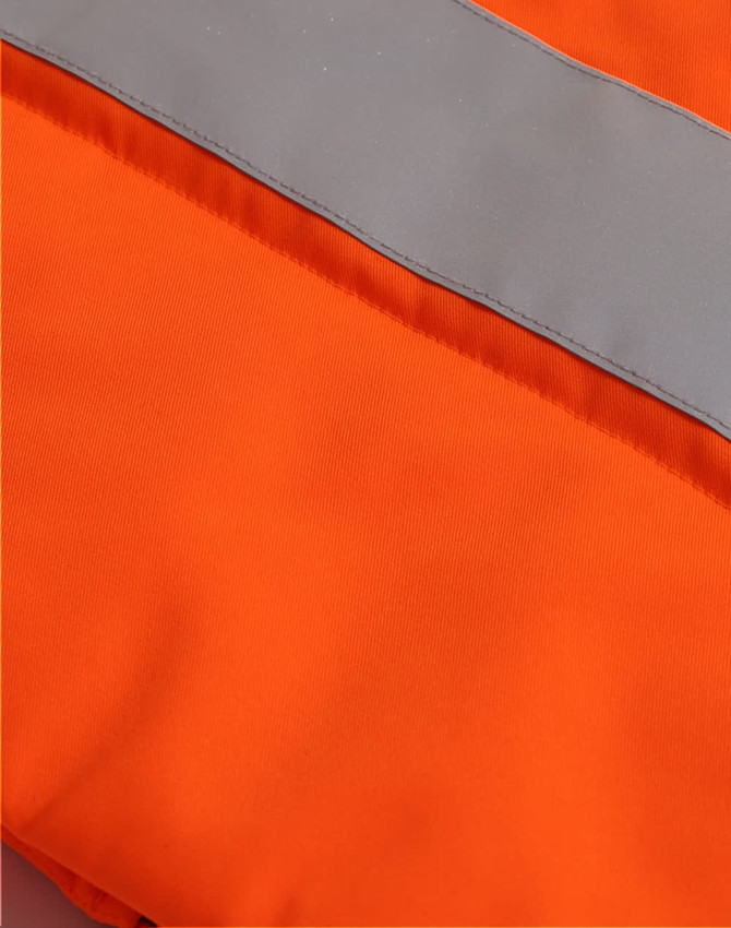 An orange hooded puffer vest with a grey reflective strip, featuring a logo.