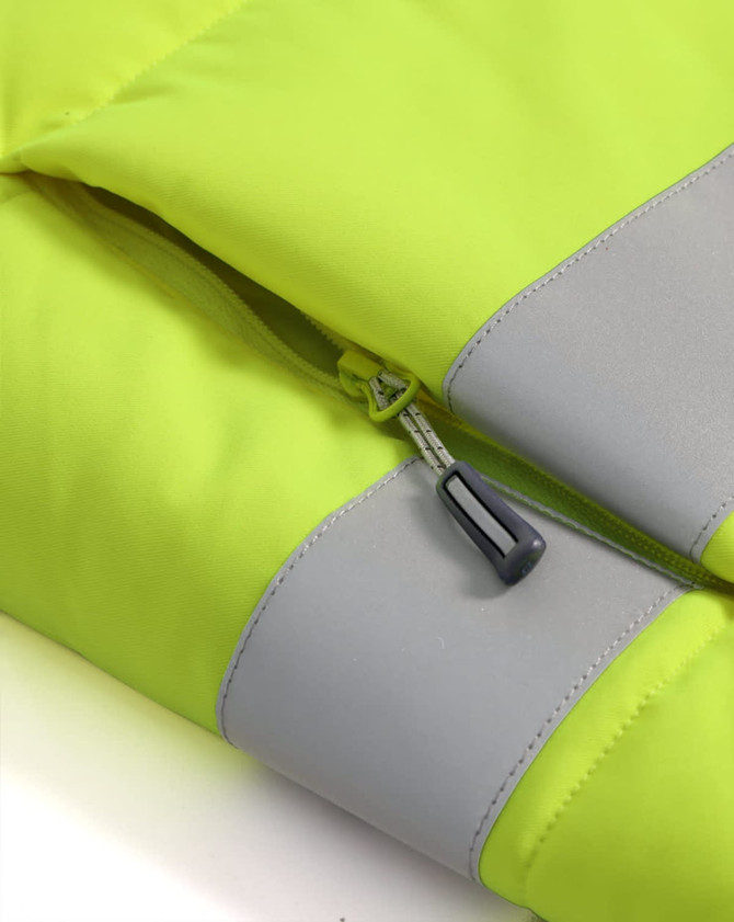 A close-up of a bright yellow unisex hooded puffer vest featuring grey accents and a zipper detail.