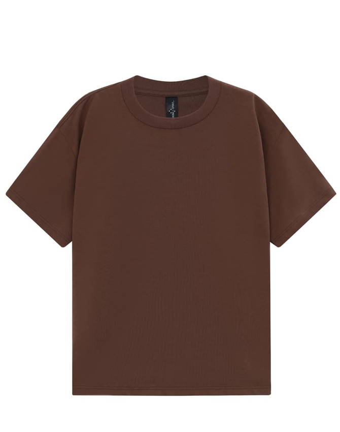 A brown unisex heavy cotton oversized tee displayed flat, featuring a simple design and a label inside.