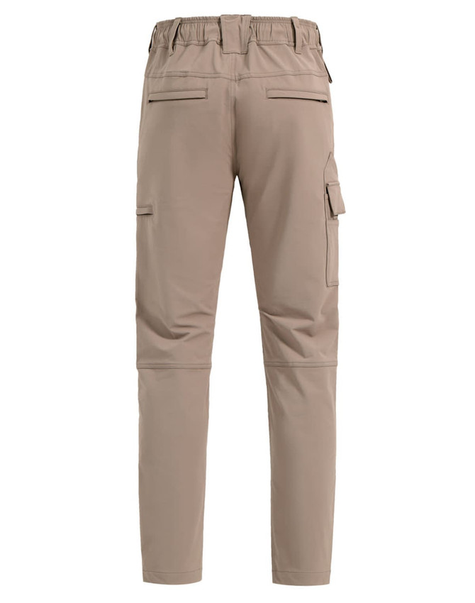 Flexi work pants in a light brown colour, featuring back and side pockets, with an elastic waistband.
