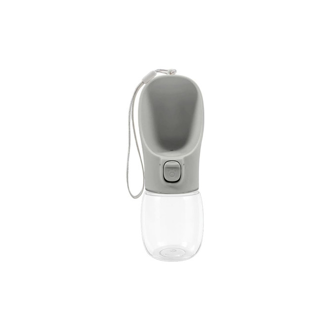A drink bottle in grey and transparent, featuring a flexible top and a button mechanism. Includes a carrying strap.