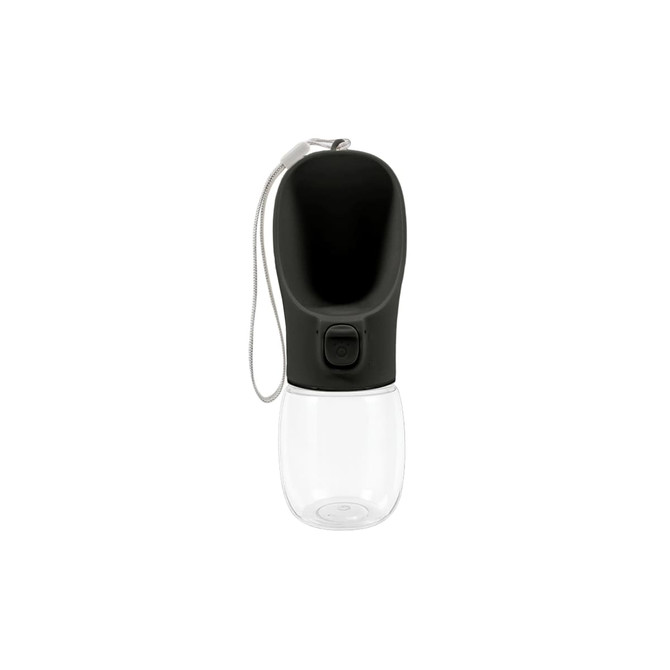 A drink bottle with a black top and clear base, featuring a strap and a button. It includes a logo on the design.
