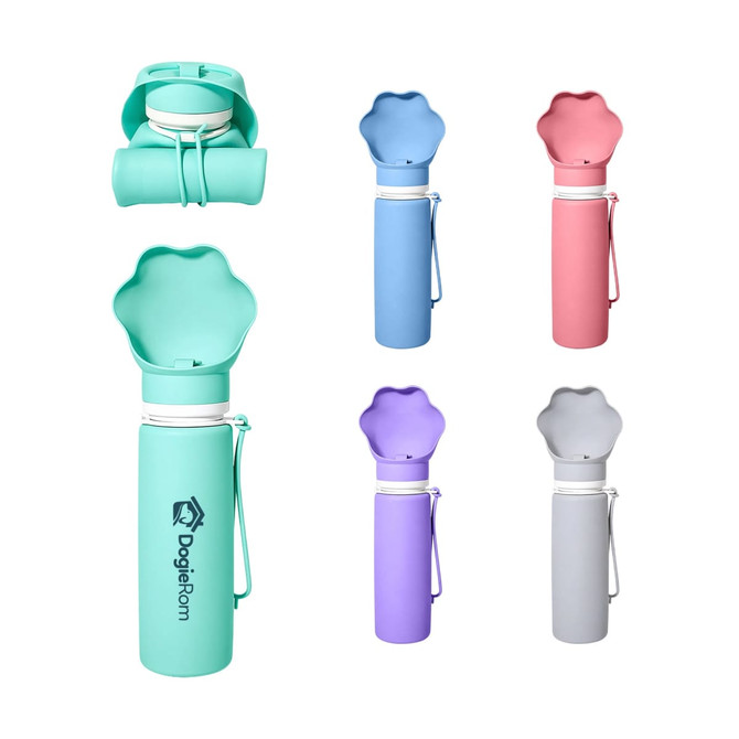 A drink bottle featuring a collapsible design, available in mint green, pink, lavender, and grey, with a logo.