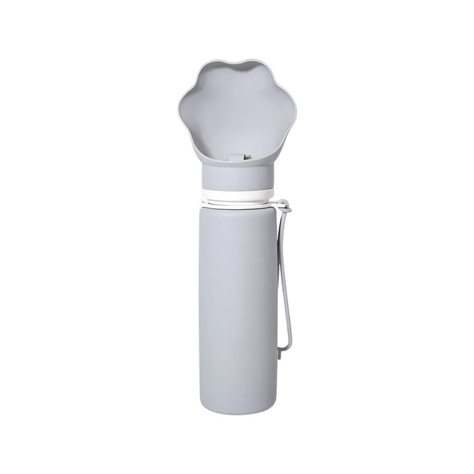 A drink bottle in grey with a collapsible flower-shaped top and a secured handle. It includes a logo on the body.