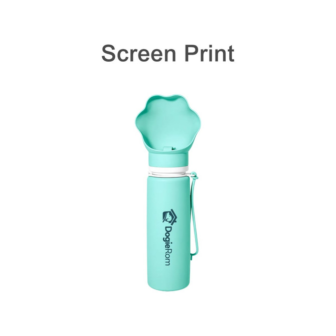 A drink bottle in light teal with a collapsible flower-shaped bowl, featuring a logo on the side.
