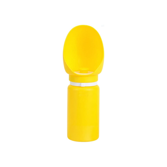 A drink bottle in bright yellow, featuring a collapsible bowl section and a white band around the middle.