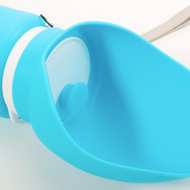 A drink bottle in bright blue features a collapsible bowl for easy access to water. Includes a strap and branding.