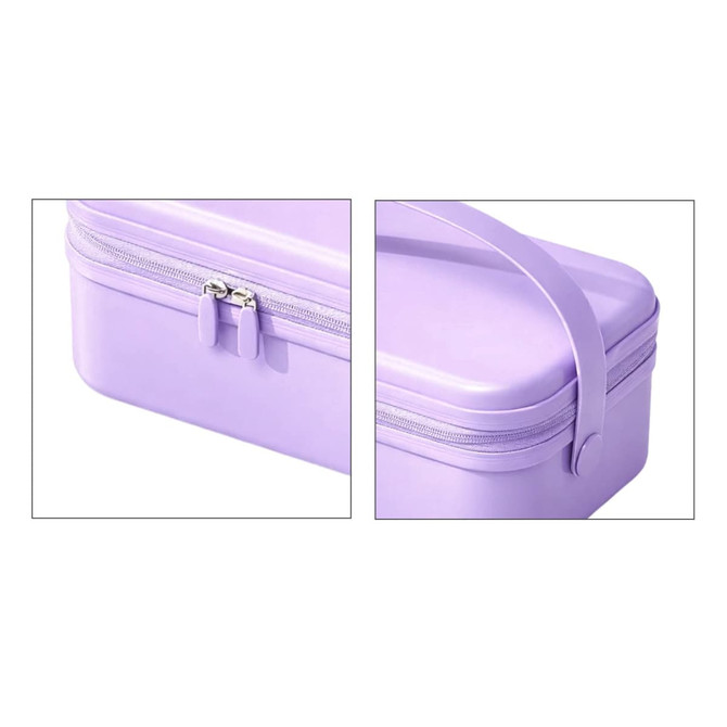 A portable mini suitcase in lavender with a zip closure and a carry handle. Features a smooth, glossy finish.