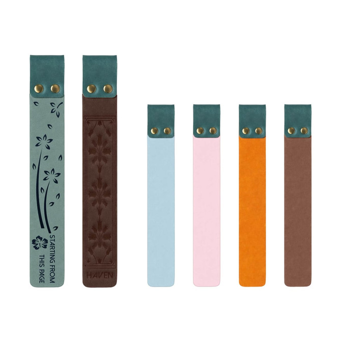 A selection of custom PU bookmarks in various colours, including brown, teal, pink, orange, and light brown. Each bookmark has a logo and decorative designs.