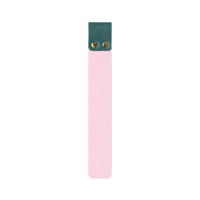 A customised PU bookmark in pink and green, featuring a button closure at the top.