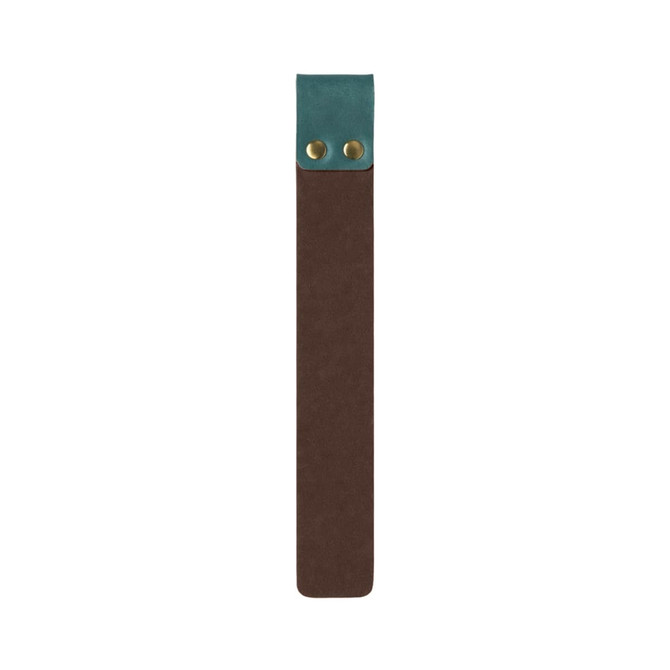 A brown and teal custom PU bookmark featuring two brass snaps at the top and a smooth finish.