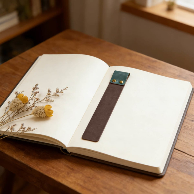 A brown PU bookmark with a teal accent rests on an open notebook beside dried flowers on a wooden table.