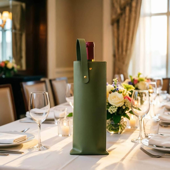 A drink bottle in a green PU leather wine bag, placed on a beautifully set table with flowers and glassware.