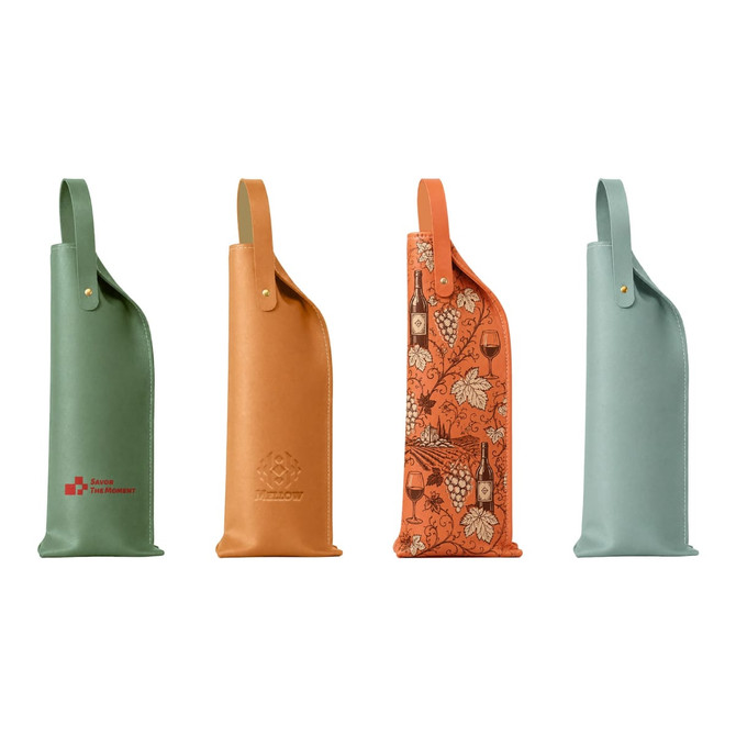 A collection of four elegant PU leather wine bags in green, orange, and two shades of teal, featuring various designs and logos.