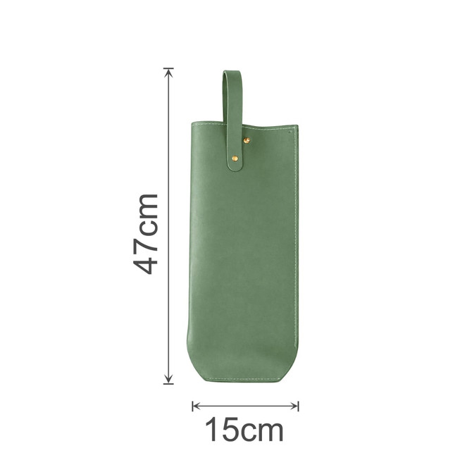 A drink bottle bag in elegant green PU leather, featuring a top handle and gold accents.