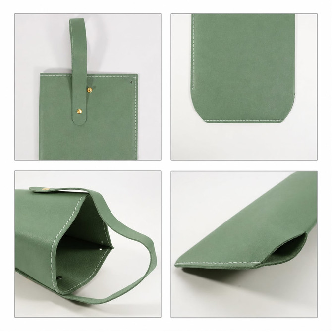 A drink bottle bag in a soft green PU leather with a handle and gold button detailing. Features multiple angles.