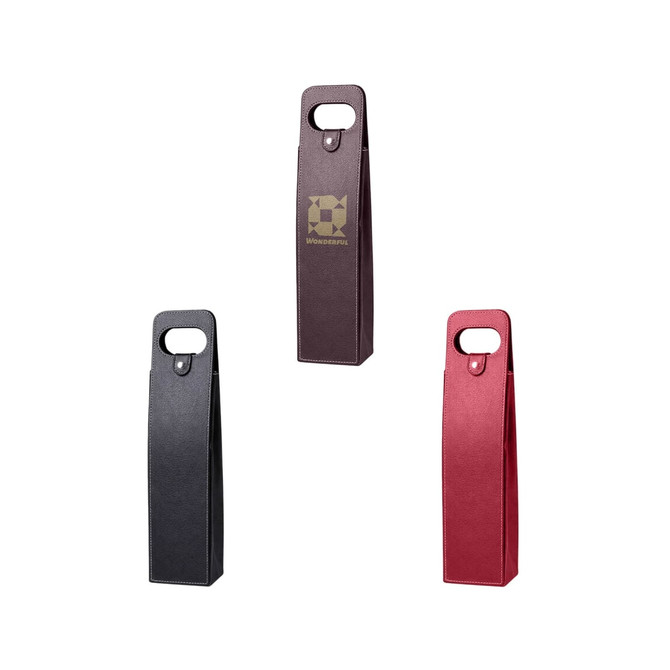 A drink bottle bag in black, burgundy, and red with a handle and a logo.