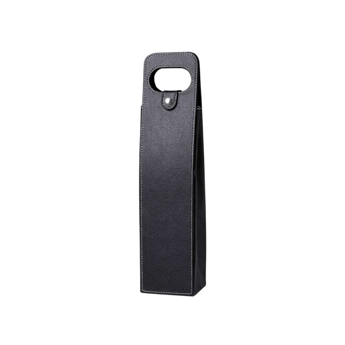 A drink bottle bag in black leather with a handle and stitching details, featuring a logo.