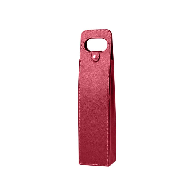 A drink bottle bag in a stylish red colour, featuring a handle and a snap closure. It has a sleek, textured design.