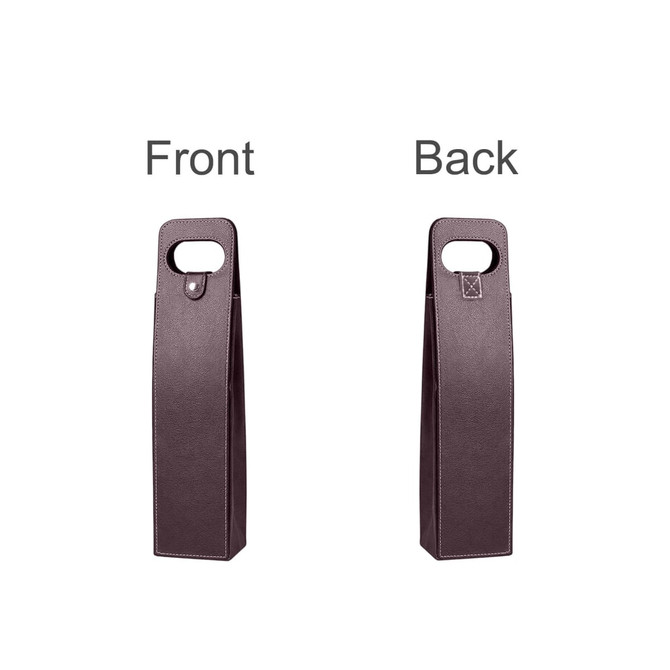 A wine bottle bag in deep brown with stitching details and a handle for easy carrying. Features front and back views.