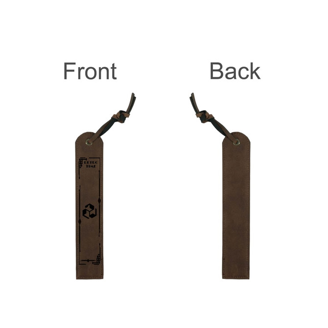 A vintage-style bookmark in a brown leather finish, featuring a decorative print and a leather tie at the top.