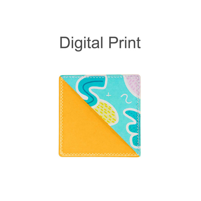 A colourful PU bookmark with a blue and yellow design and decorative stitching, featuring a logo in the corner.