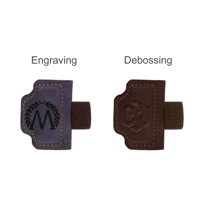 A magnetic bookmark with pen clip featuring two options: one in purple with engraving and one in brown with debossing.