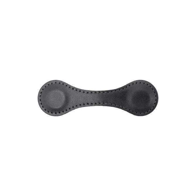 A black PU leather magnetic bookmark featuring a smooth surface and stitched edges. It has a simple, curved design.