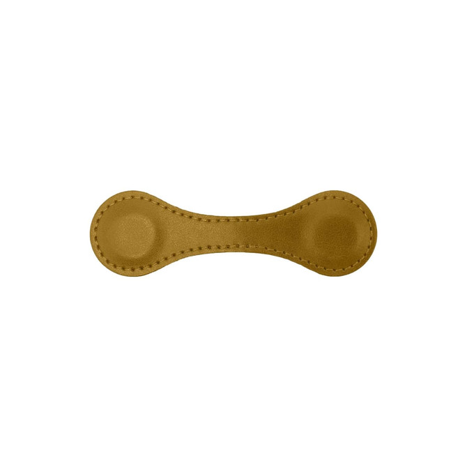 A PU leather magnetic bookmark in a gold colour with rounded ends and stitched detailing. It features a logo.