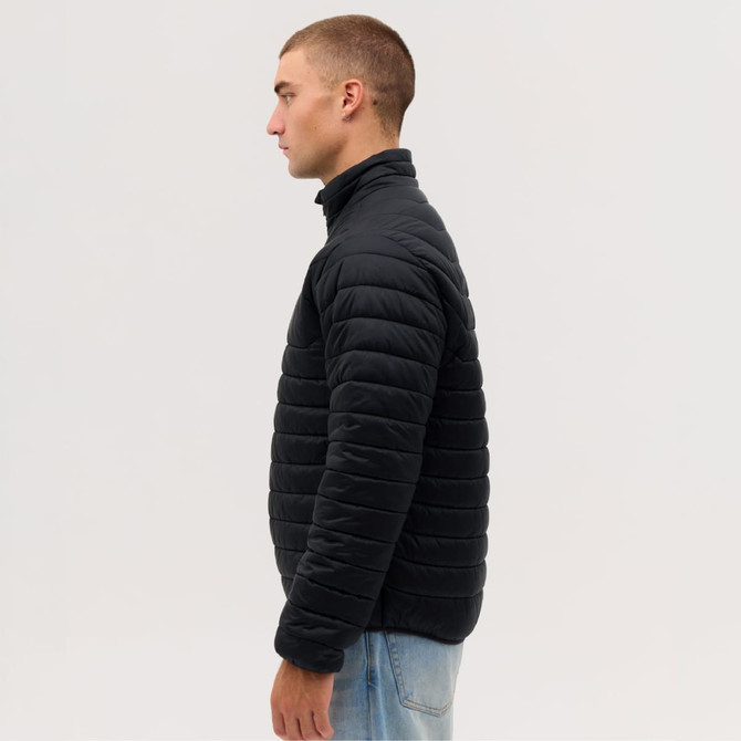 A black puffer jacket displayed on a model, featuring a high collar and quilted design. The model is facing sideways.