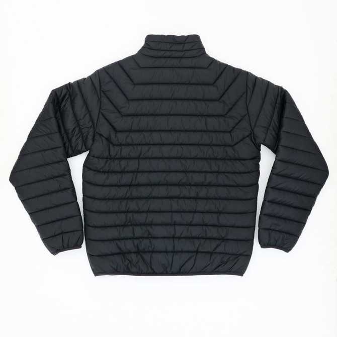 A black puffer jacket featuring a quilted design and a high collar, with no visible branding.