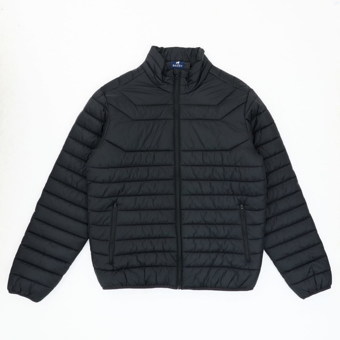 A black puffer jacket with a high collar and zippered pockets, featuring a logo on the inside collar.
