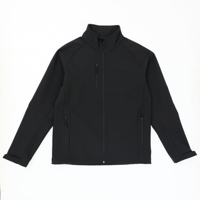 A black softshell jacket with a full zip, high collar, and two zippered pockets featuring a logo.