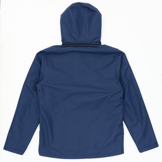 A utility jacket in navy blue, featuring a hood and a simple back design. It has a logo on the sleeve.