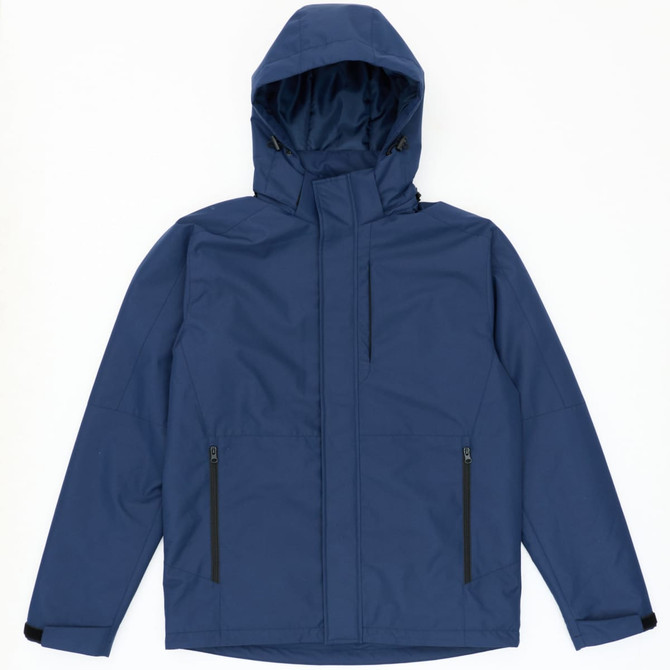 A utility jacket in navy blue with a hood and zippered pockets, featuring a branding logo.