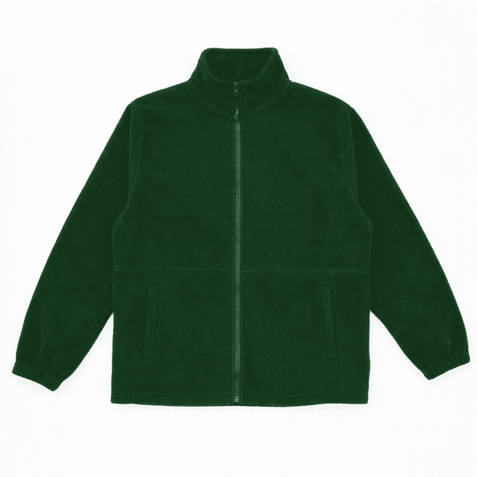 A full zip jacket made of polar fleece in a deep green colour, featuring side pockets and a high collar.