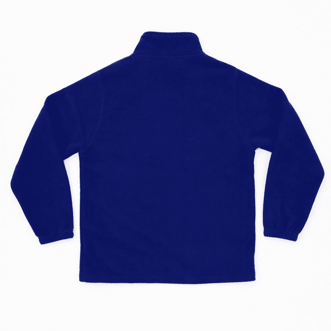 A navy blue polar fleece full zip jacket with a high collar and long sleeves, featuring a logo.