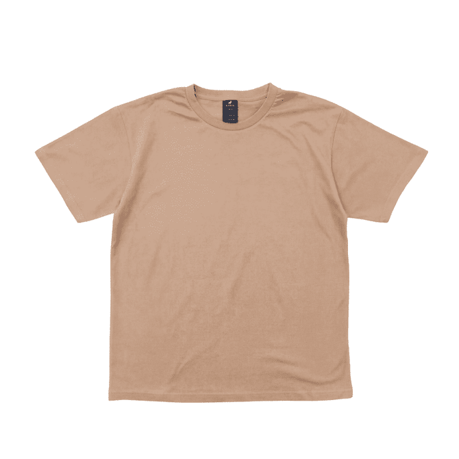A beige short-sleeved T-shirt with a tag and a simple design. It features a logo on the label.