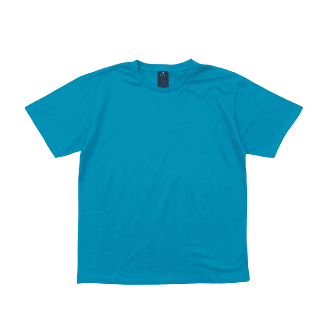 A turquoise essential tee with a round neck and short sleeves. Features a brand logo on the inside label.