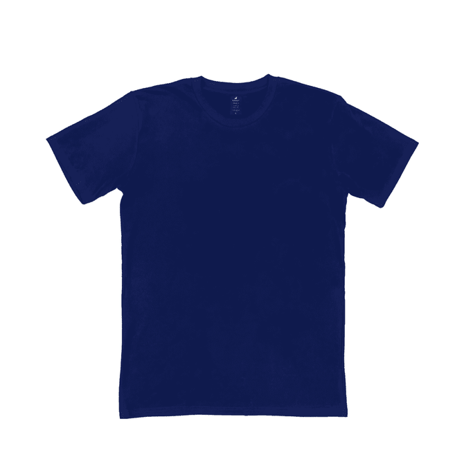 A navy blue t-shirt with a crew neck and short sleeves, featuring a brand logo inside the neckline.